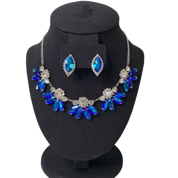 nOir Marquise Round Rhinestone Necklace & Pierced Post Earring Set Silver-Tone - Picture 1 of 16